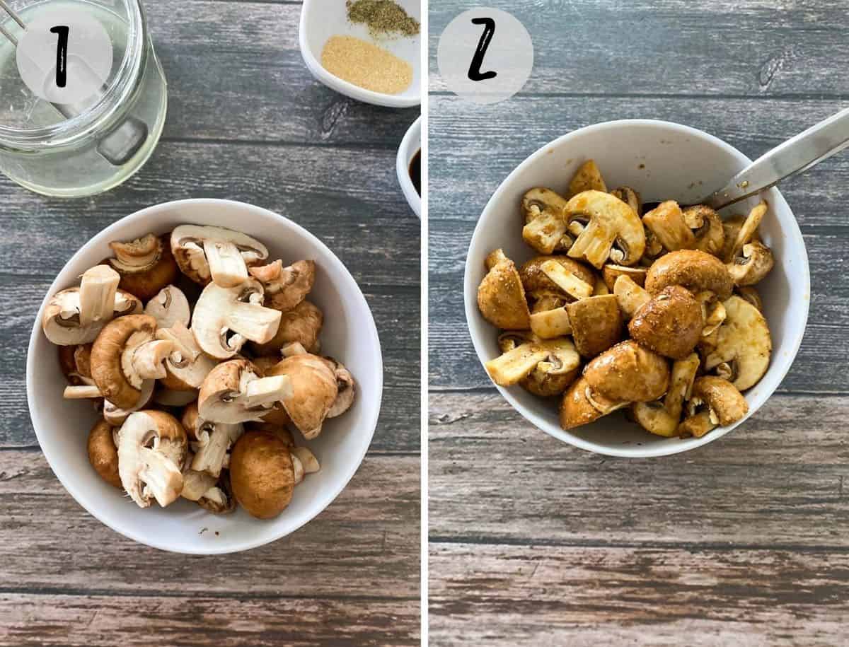 Sliced mushrooms in a white bowl being seasoned.