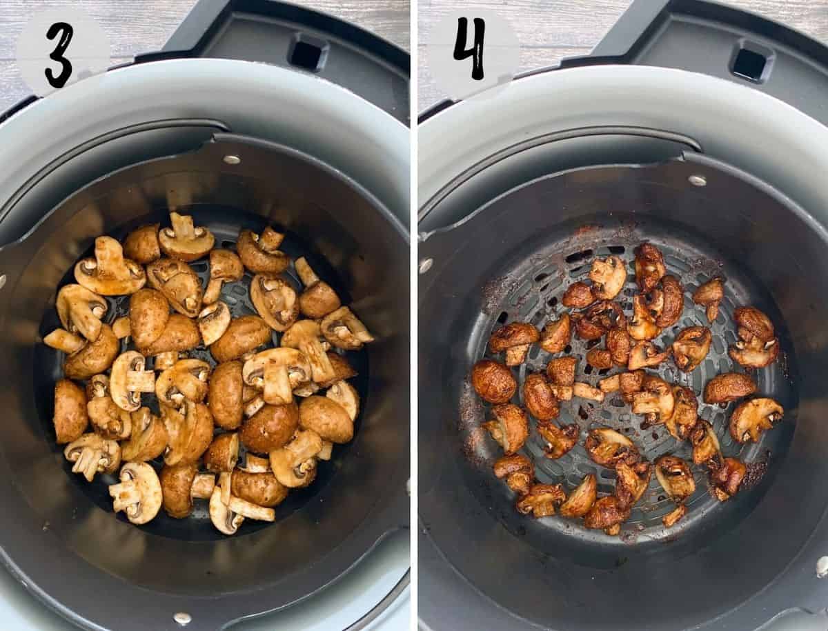 Sliced mushrooms in air fryer basket before and after cooking.