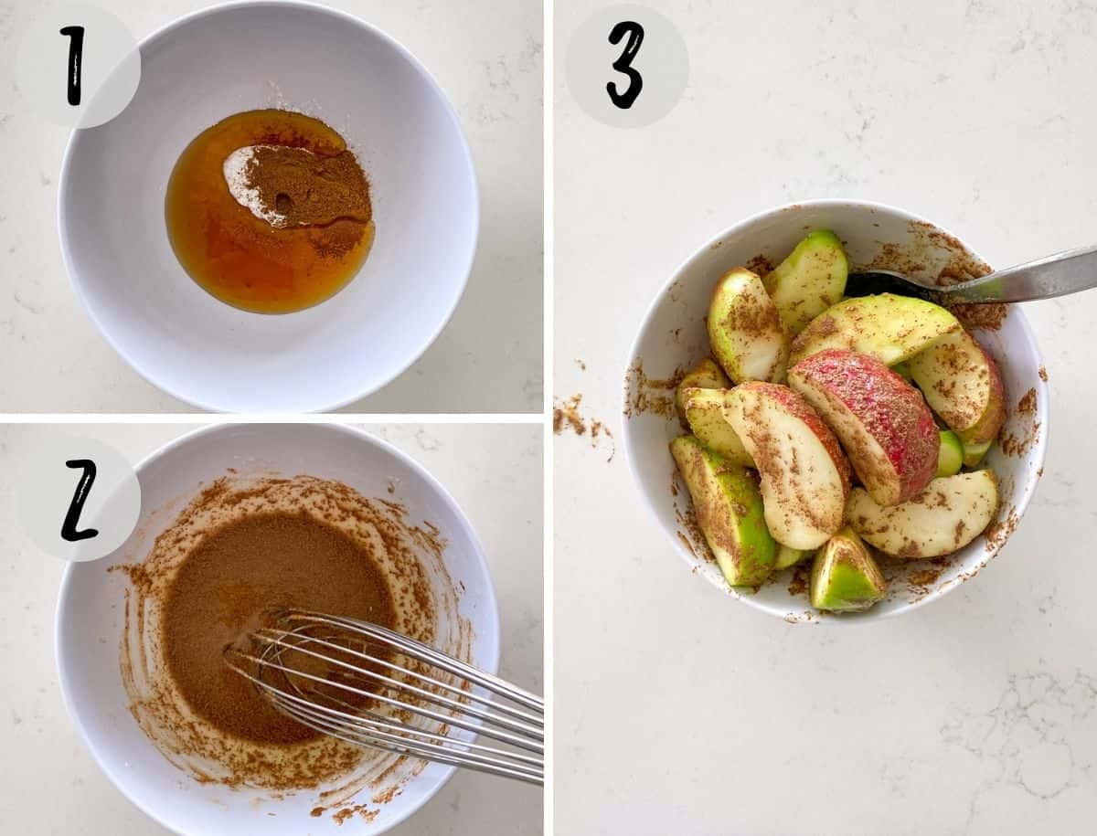 Collage of images of marinade being mixed and then apple wedges added to the bowl.