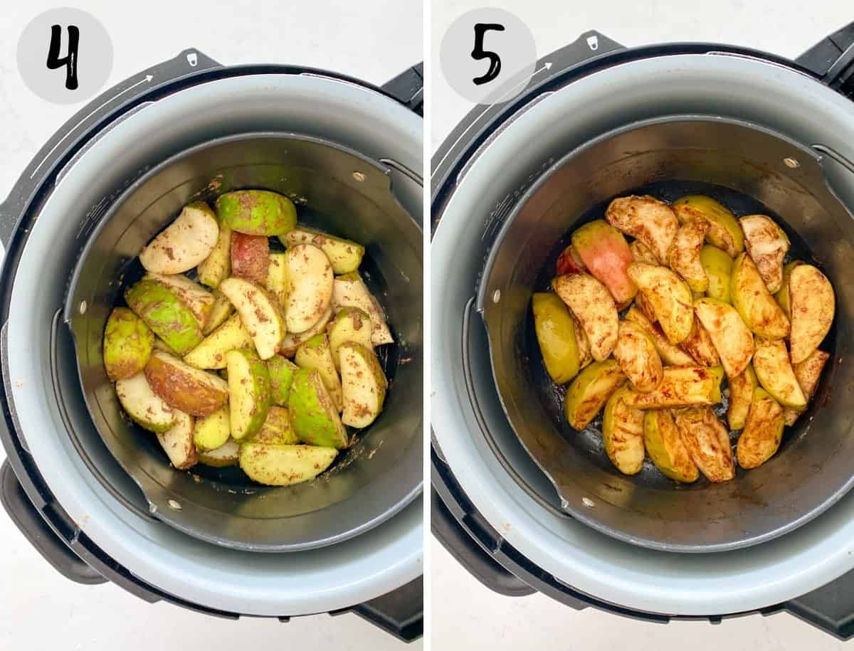 Apple wedges in air fryer before and after cooking.