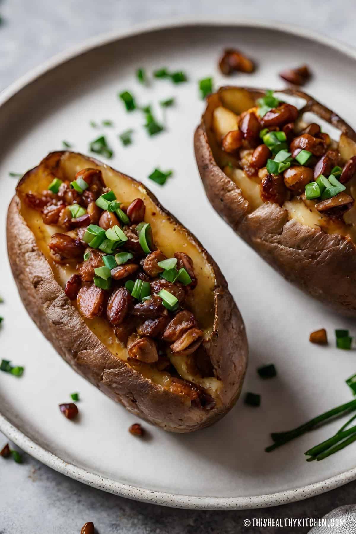 Air fryer baked potatoes on plate, stuffed with candied pecan bacon and chives.
