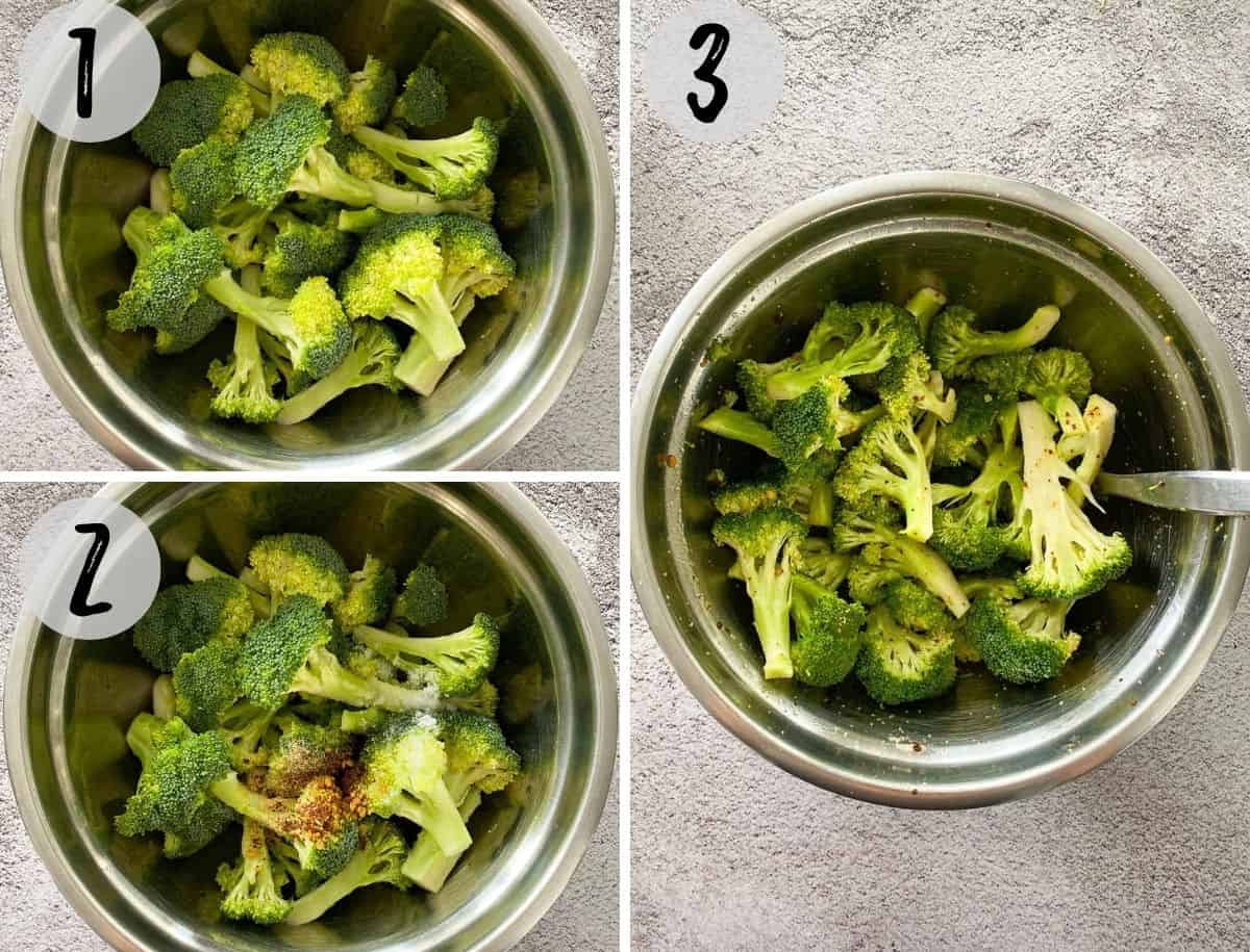 Raw broccoli in mixing bowl being mixed with oil and seasoning.