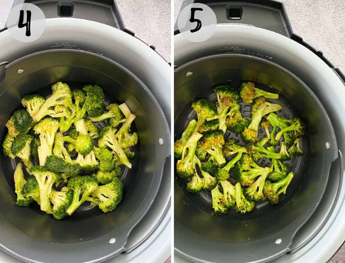 Broccoli in air fryer basket before and after cooking.