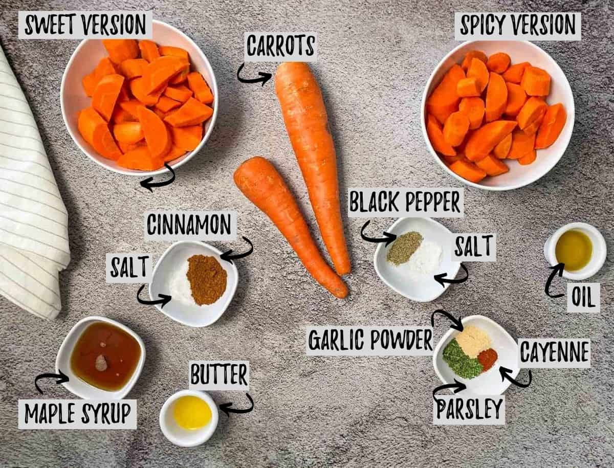 ingredients to make air fryer carrots in either spicy or sweet flavouring