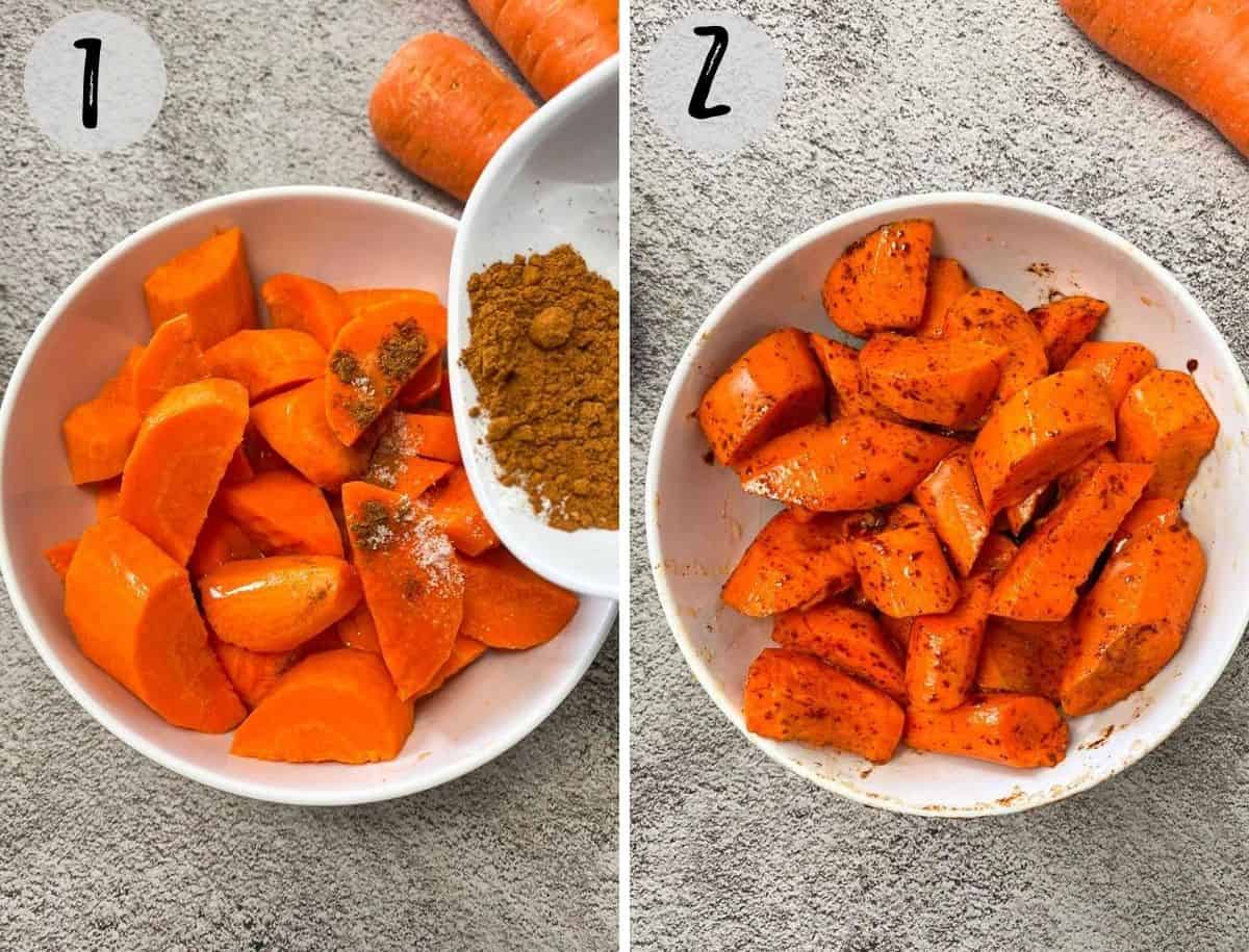 bowl of chopped carrots with cinnamon and melted butter on top