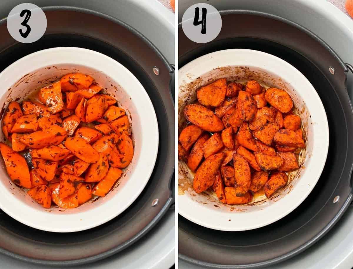 chopped carrots inside white dish inside air fryer