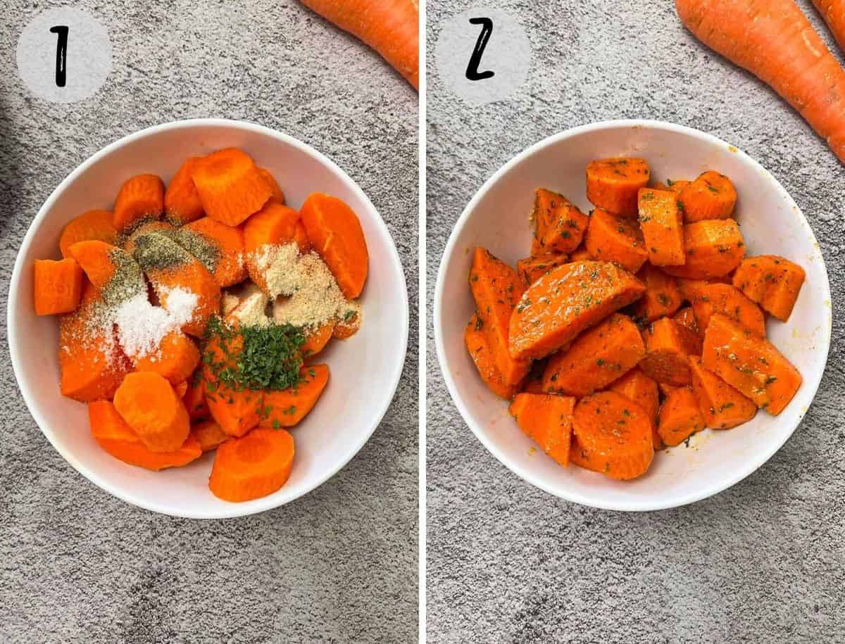 bowl of raw carrots with seasoning on top