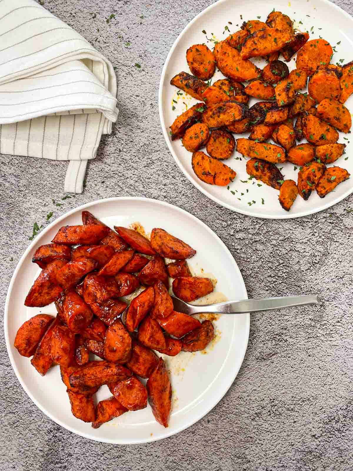 two plates with air fried carrots, one version is sweet and the other is spicy