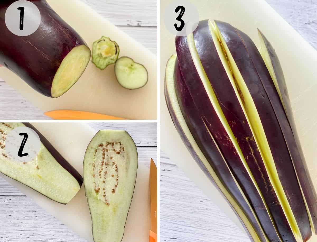 Collage of images showing how to slice eggplant.