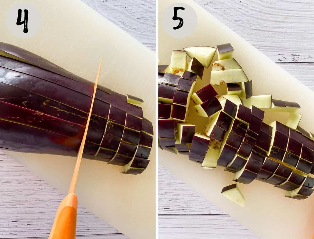 Collage of images showing eggplant in strips and then diced into cubes.