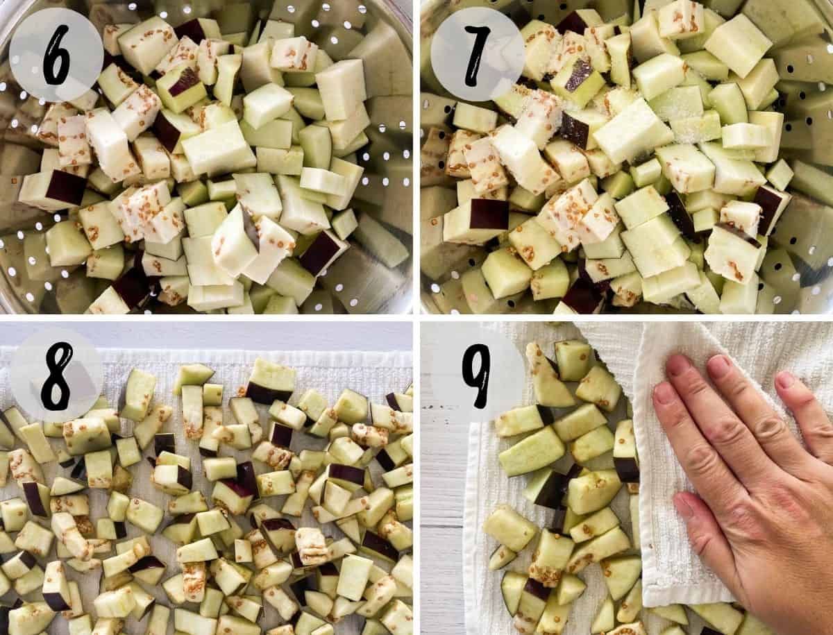 Chopped up eggplant sitting in colander and then being patted dry on dish towel.
