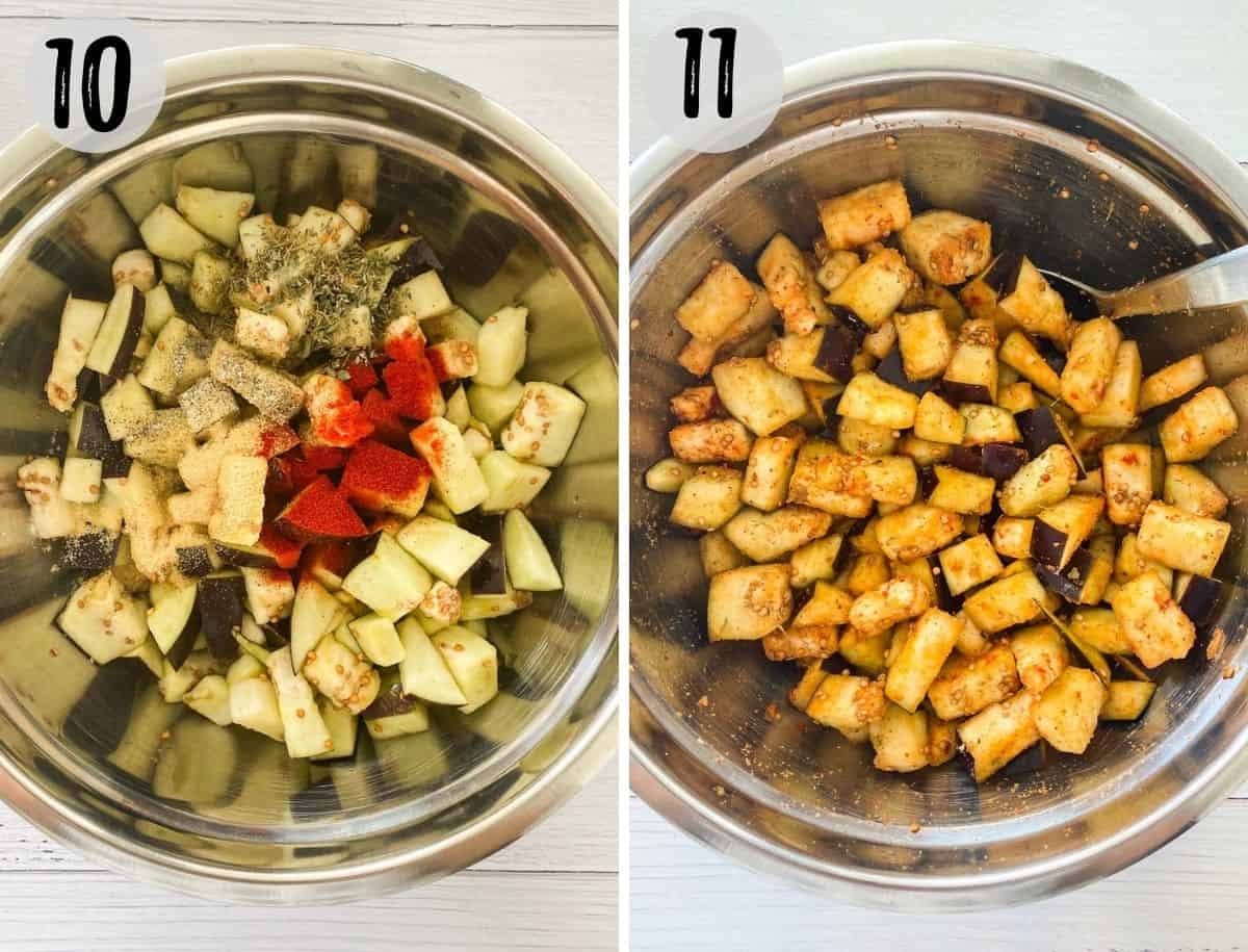 Large mixing bowl filled with diced eggplant and seasoning.