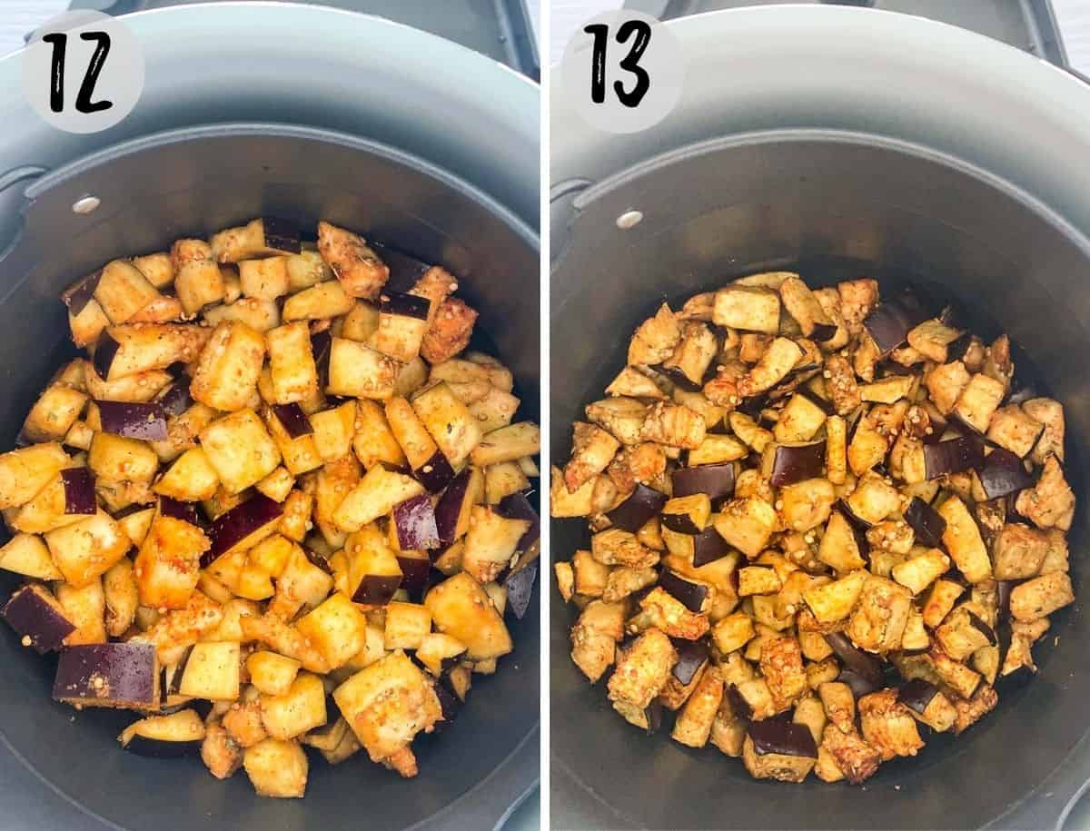 Eggplant pieces in air fryer basket, before and after cooking.
