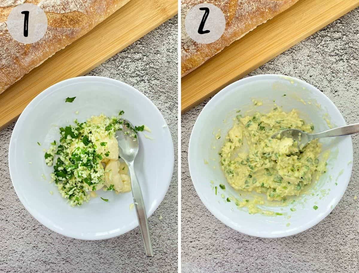 Bowl with butter, garlic and parsley being mixed together.