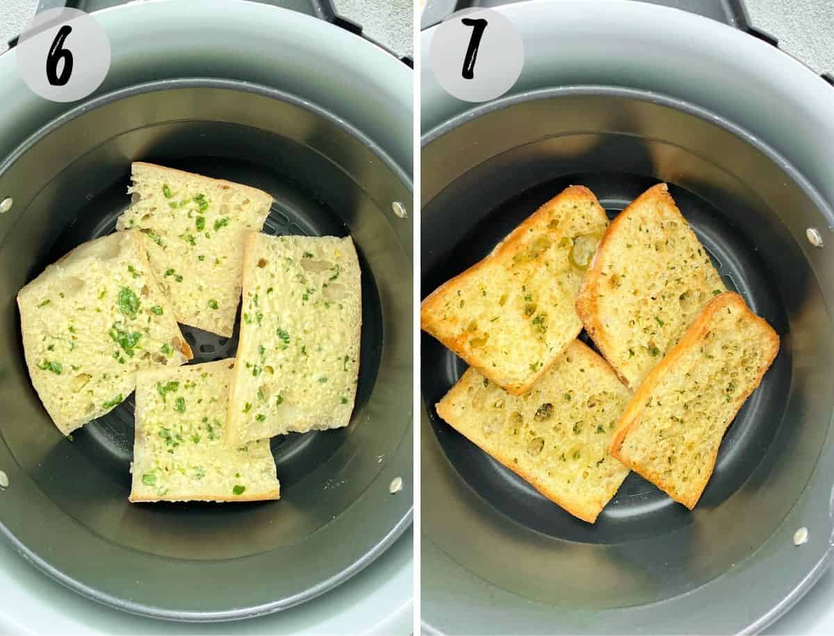 Garlic bread inside air fryer before and after cooking.