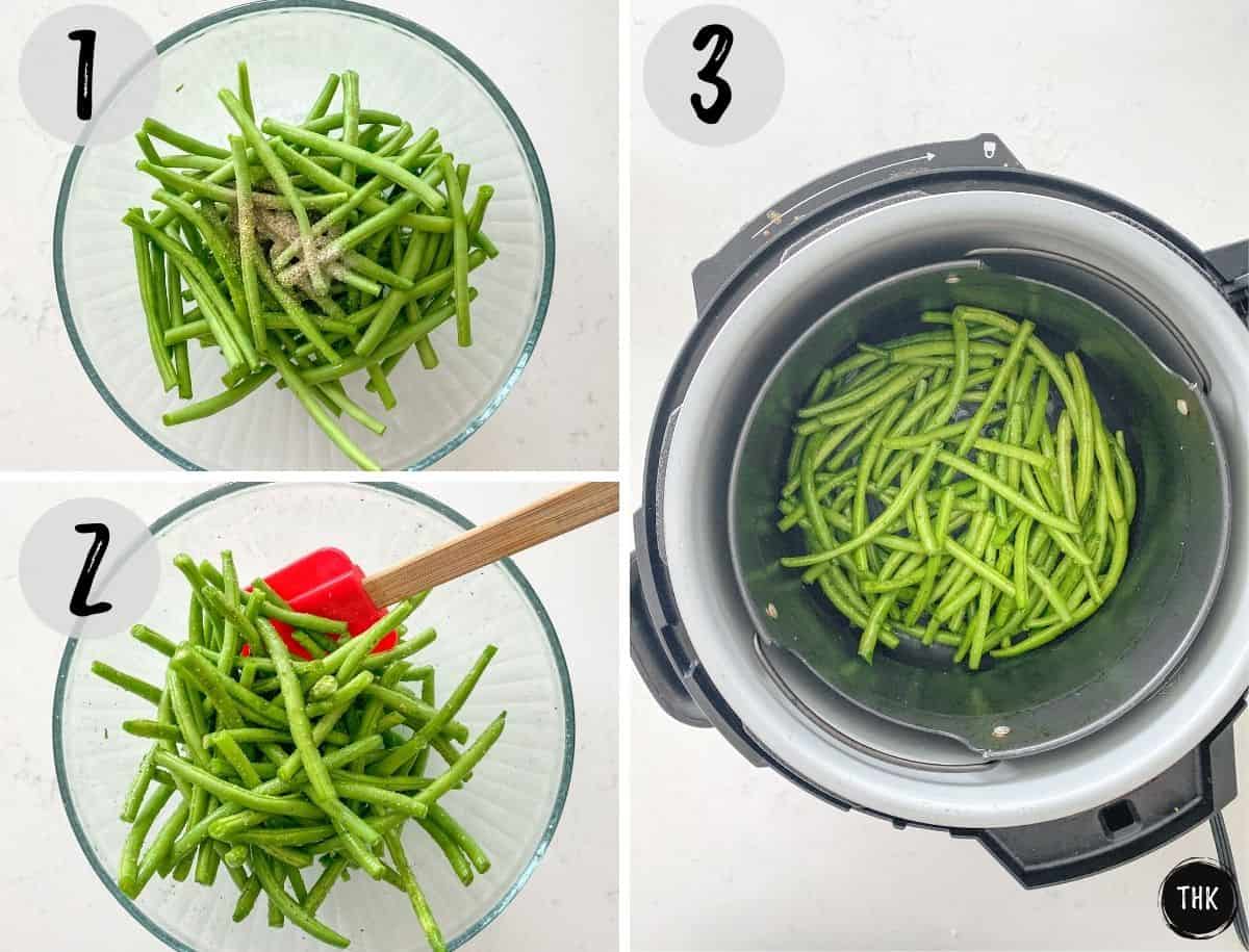 Green beans in glass bowl being seasoned and then transferred to air fryer basket.