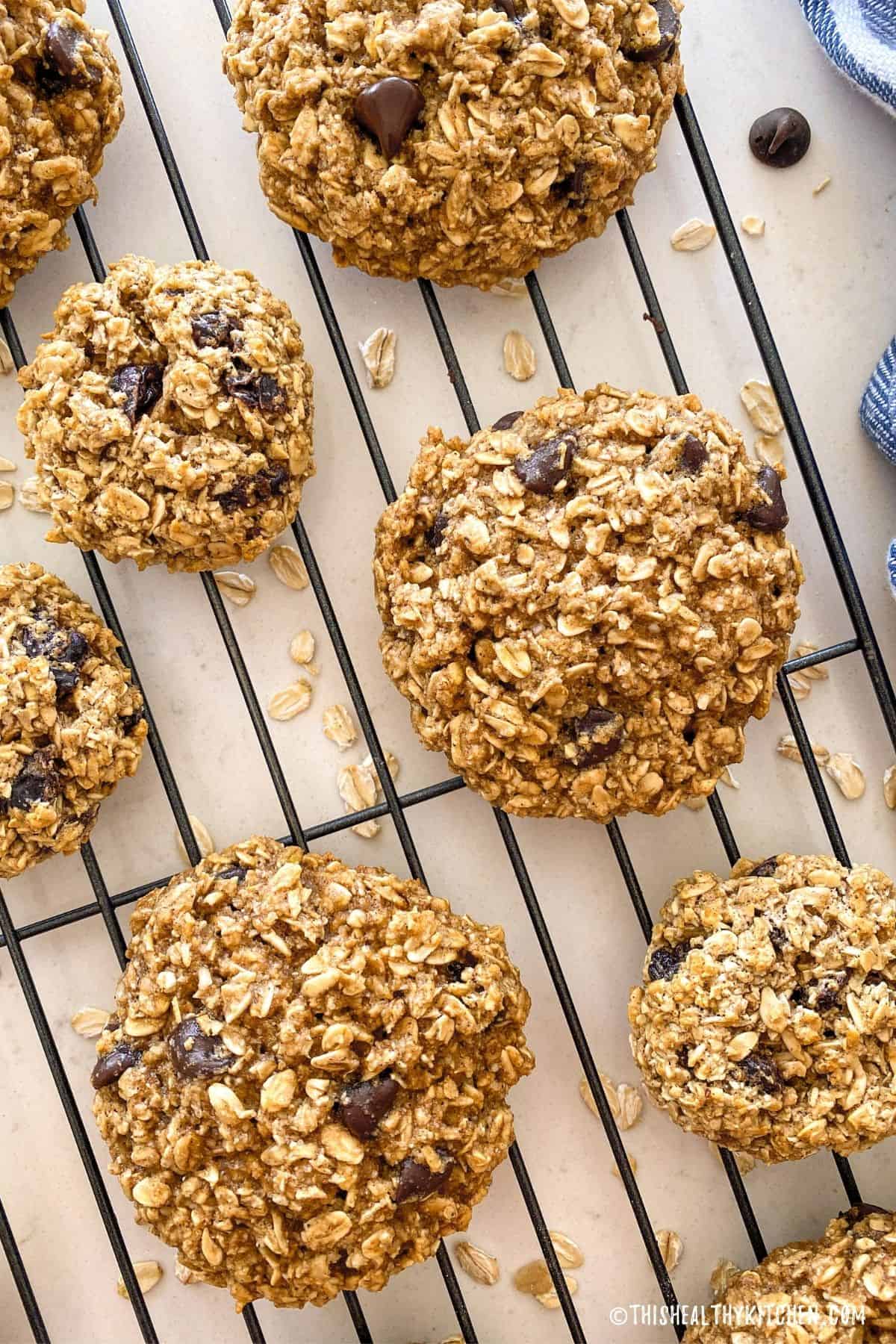 Oatmeal chocolate chip cookies on cooling rack.