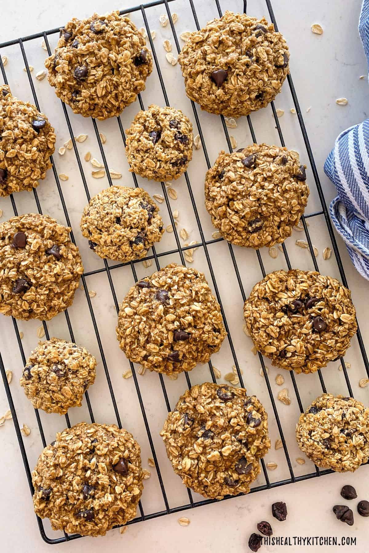 Air fryer oatmeal cookies on cooling rack after cooking them.