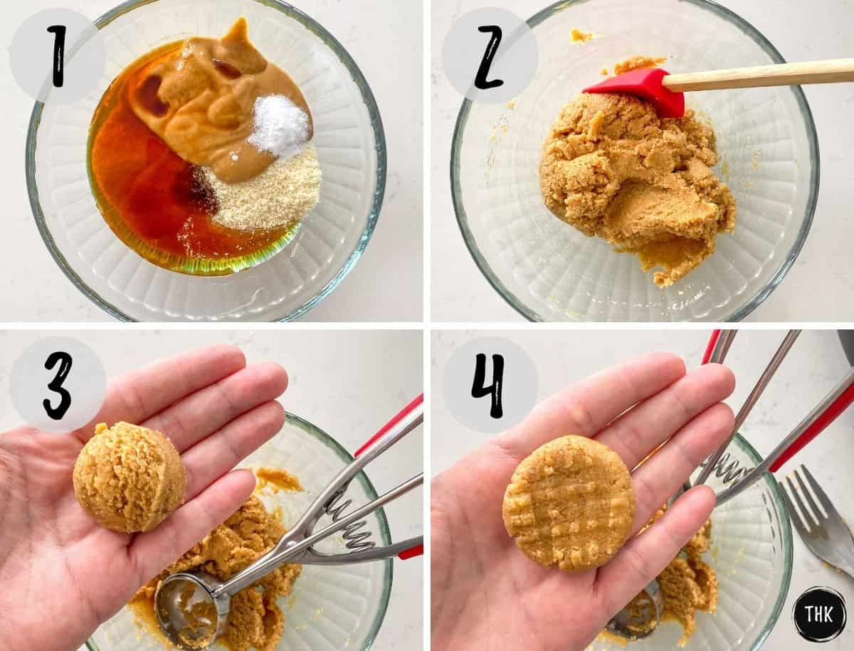 Bowl of ingredients being mixed into batter and then rolled and flattened into cookies.