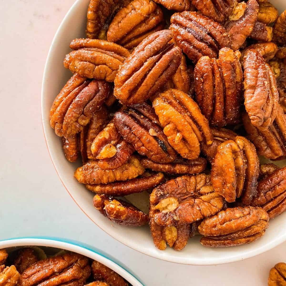 Bowl of candied pecans.