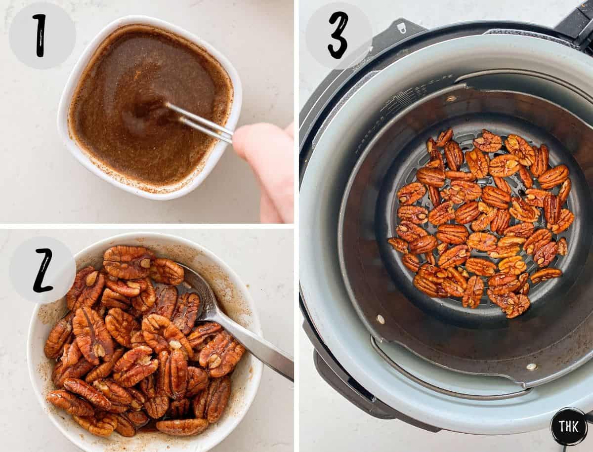 Collage of images of pecan coating being mixed in bowl, then poured over pecans and placed in air fryer basket.