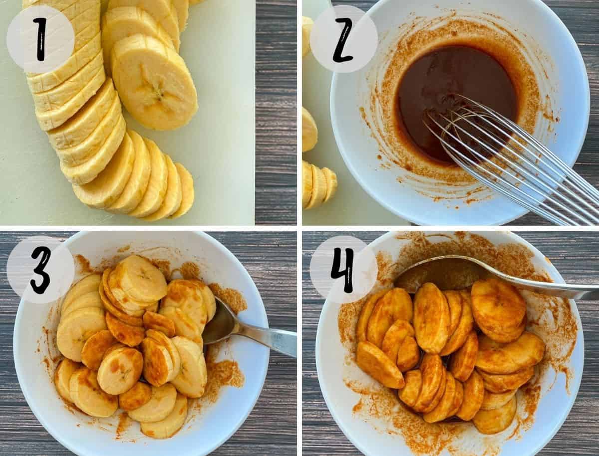 Sliced plantain on cutting board and then transferred to bowl with marinade.