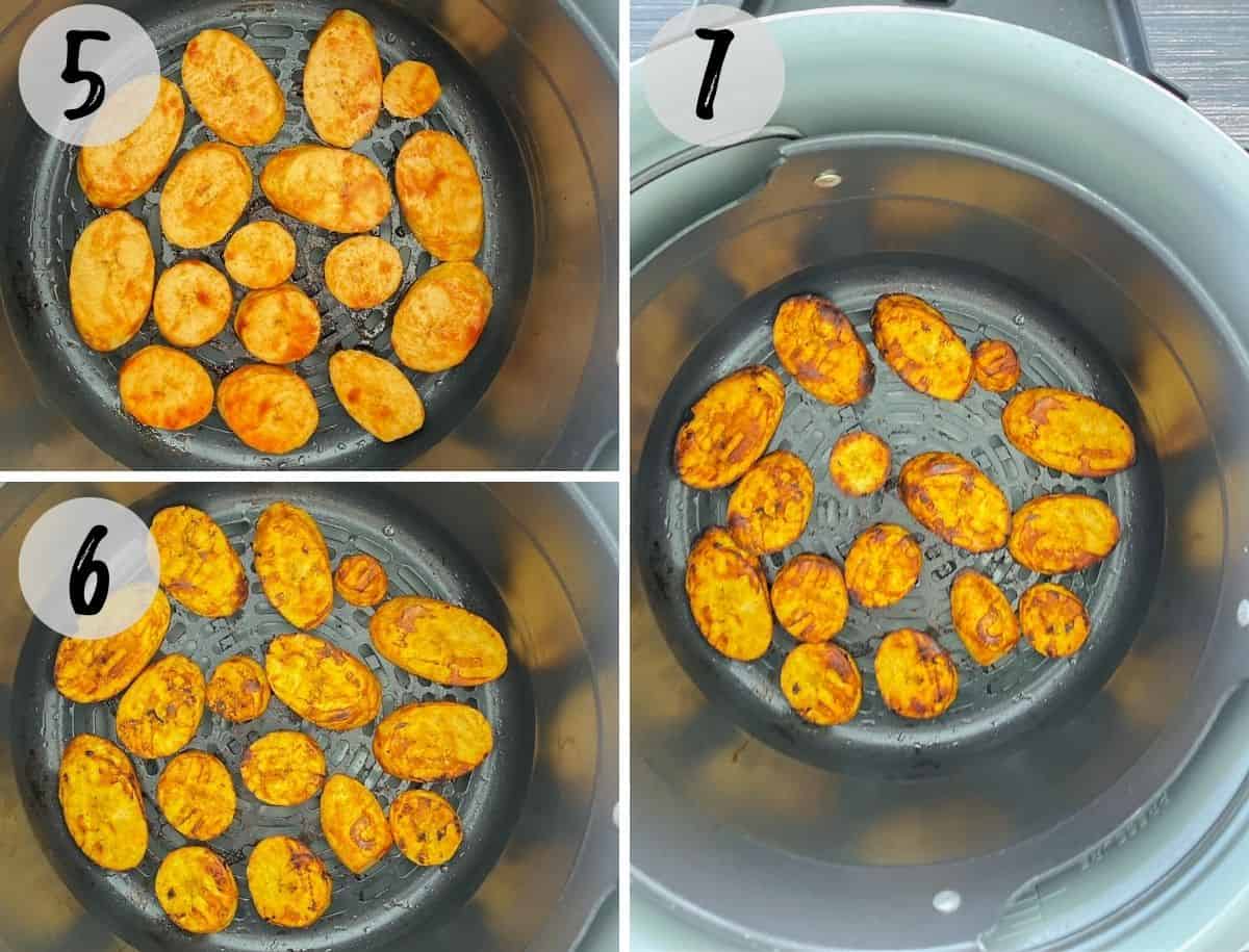 Plantain slices inside air fryer basket being cooked.