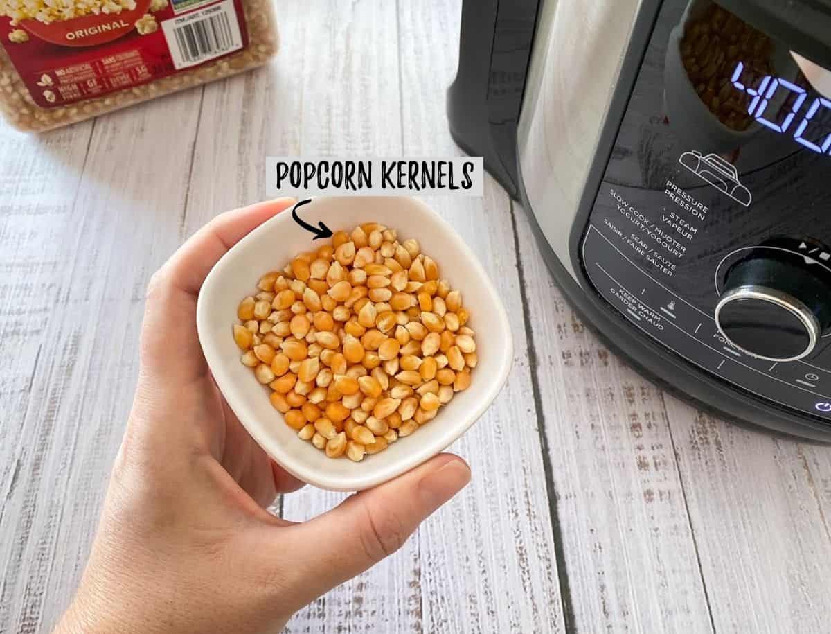 Hand holding up small bowl of popcorn kernels with air fryer in the background.