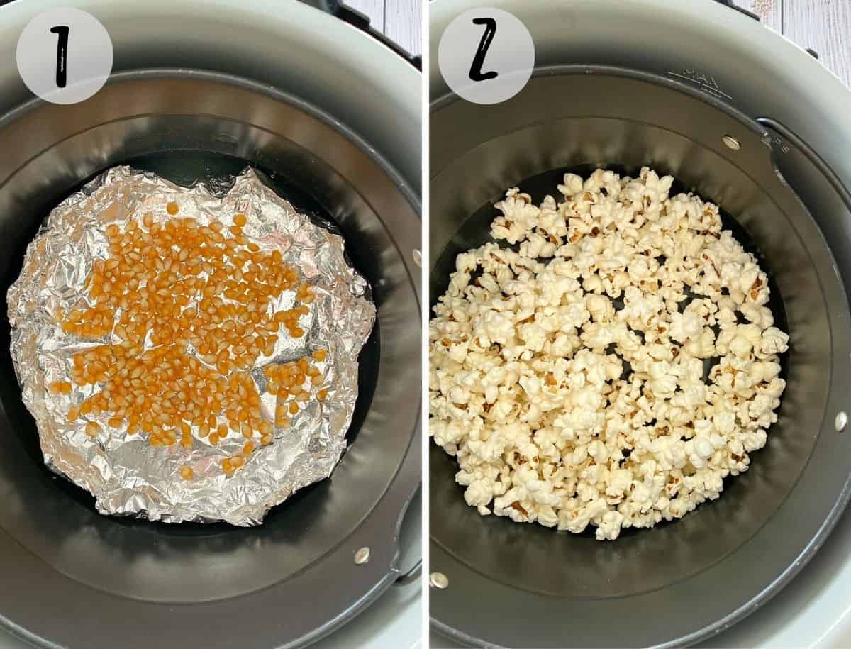 Air fryer with popcorn kernels before and after popping.
