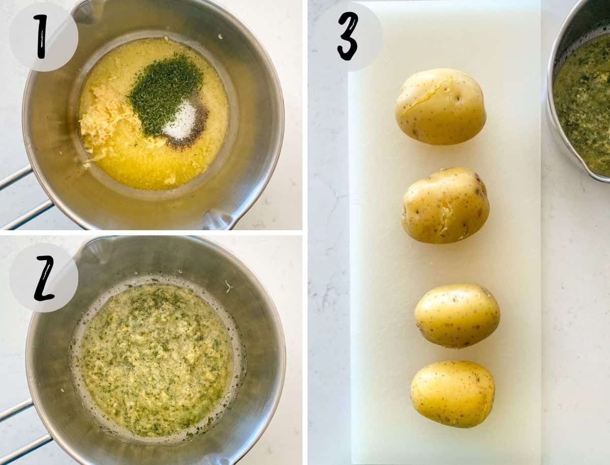 Butter and seasoning in small saucepot and boiled potatoes on cutting board.