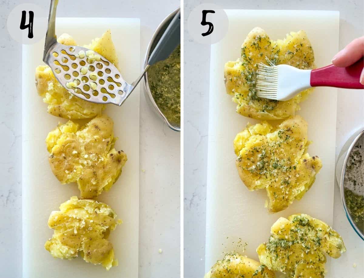 Potato mashed pressing potatoes down and being brushed with marinade with silicone brush.