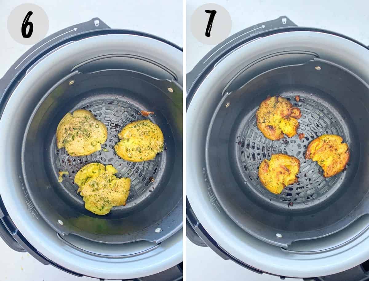 Smashed potatoes in air fryer before and after cooking.