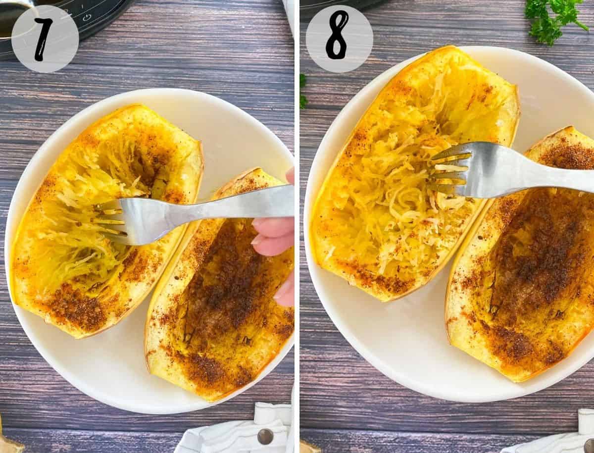 Collage of images displaying two spaghetti squash halves in white bowl with fork fluffing them up.