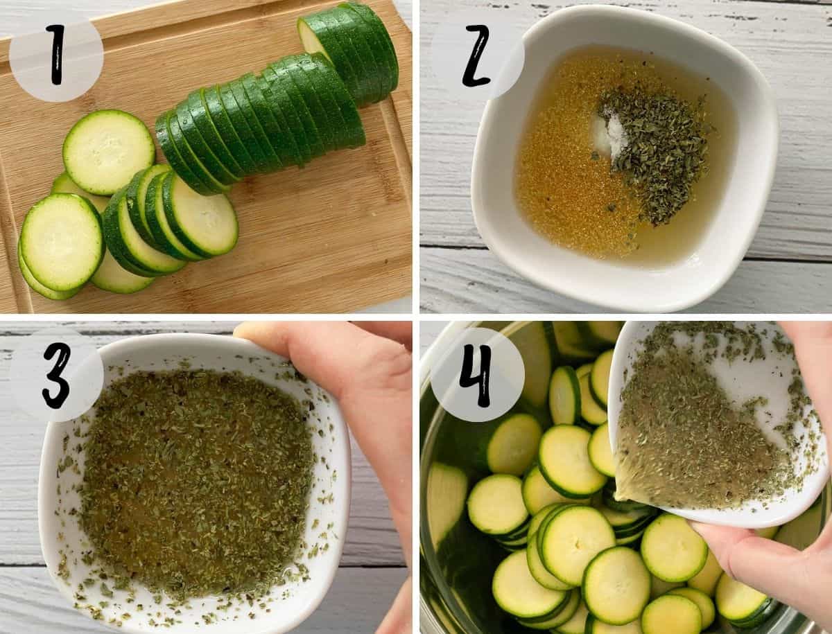 Zucchini sliced on cutting board and bowl of lemon juice and seasoning being poured over.