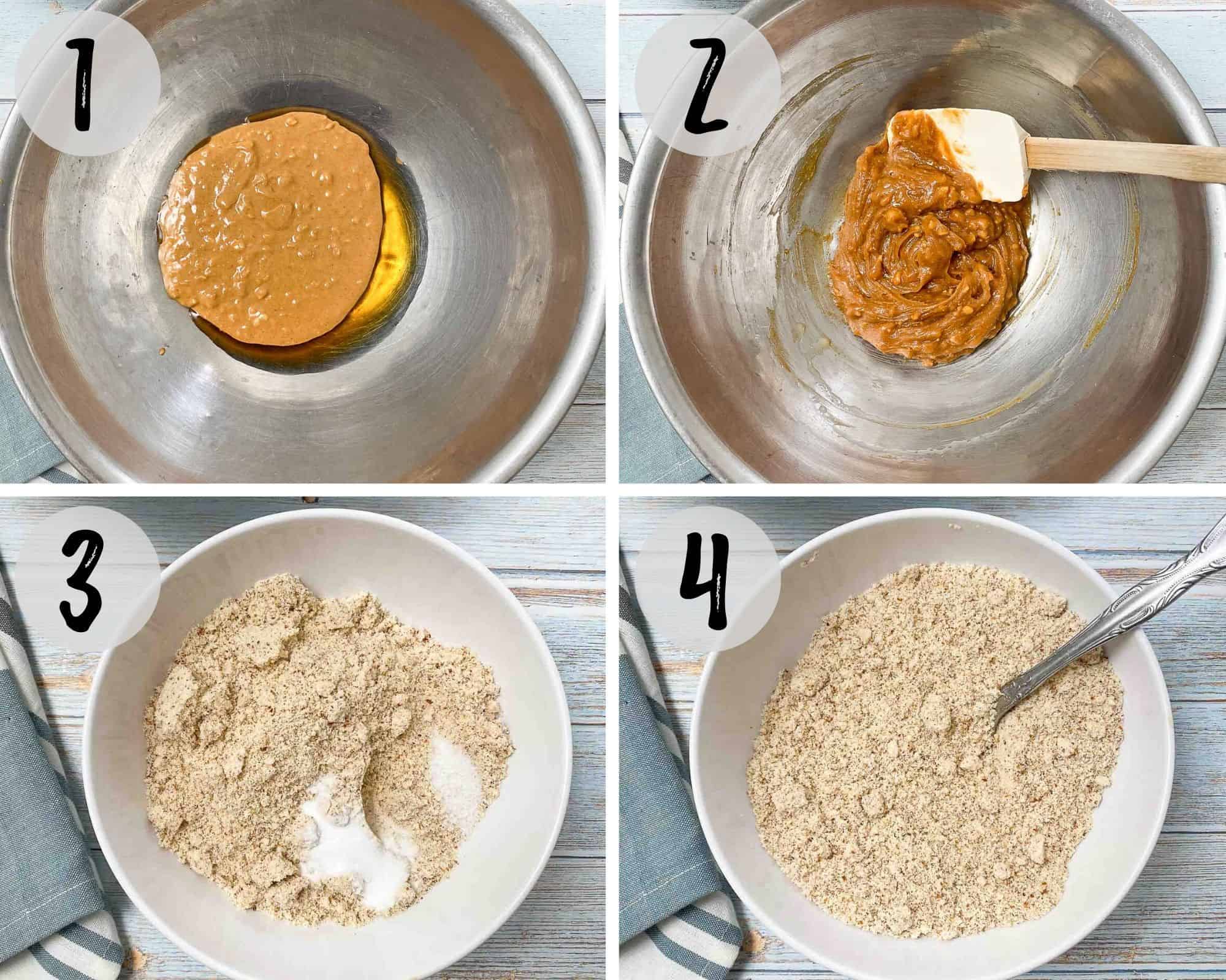 bowl with peanut butter and maple syrup mixing to make cookie dough