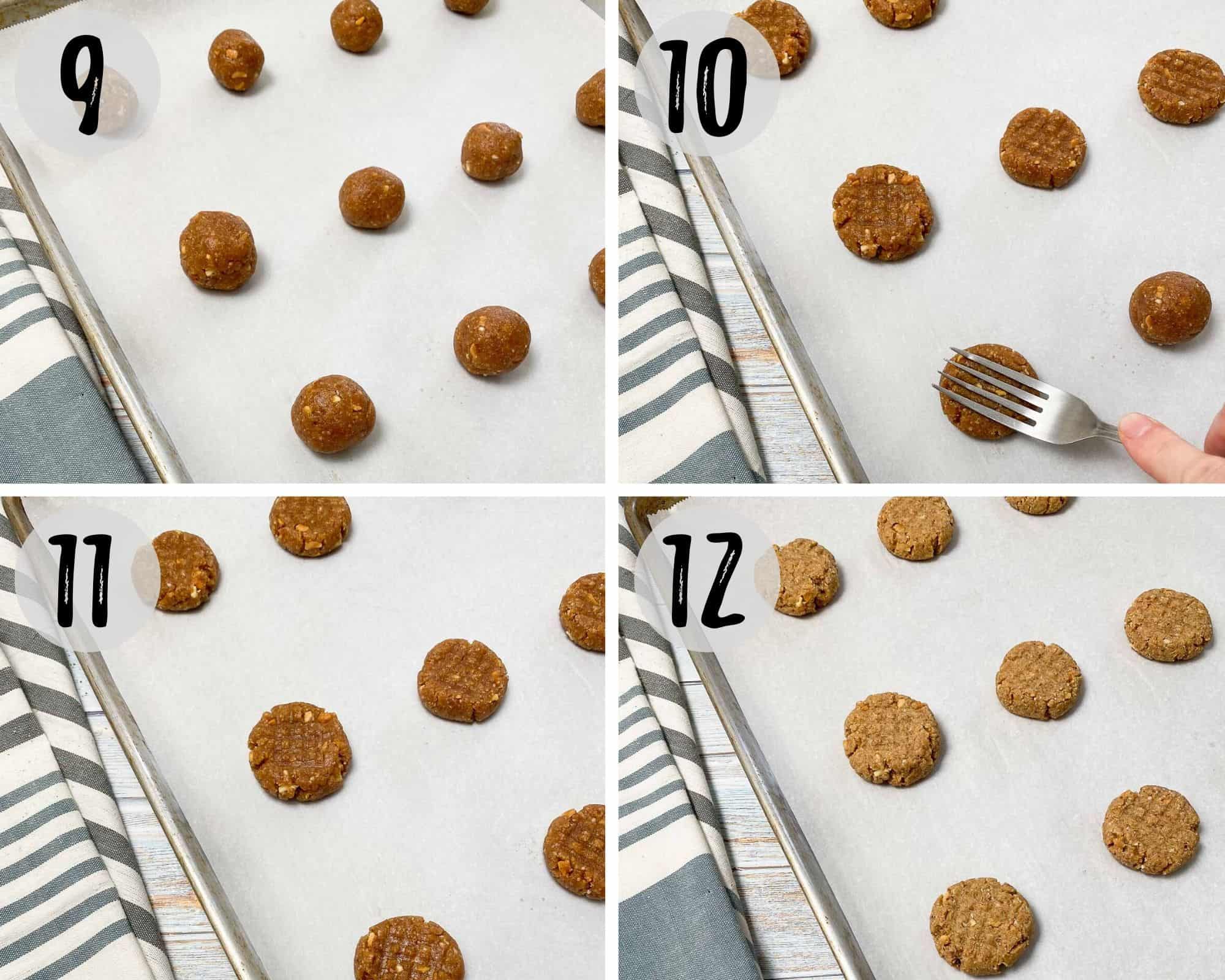 cookie sheet with almond flour peanut butter cookies before and after pressing down with a fork and before and after baking