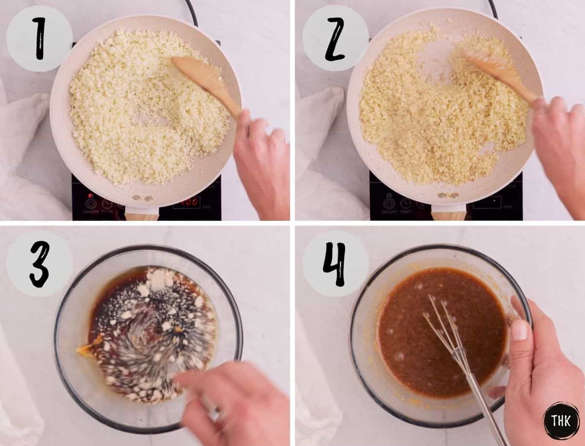 Cauliflower rice being sautéed and peanut sauce being mixed in bowl.