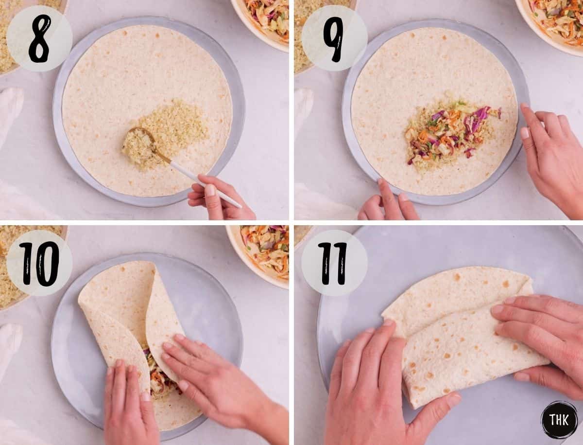 Image collage of wrap being stuffed with cauliflower rice and slaw and then rolled up.