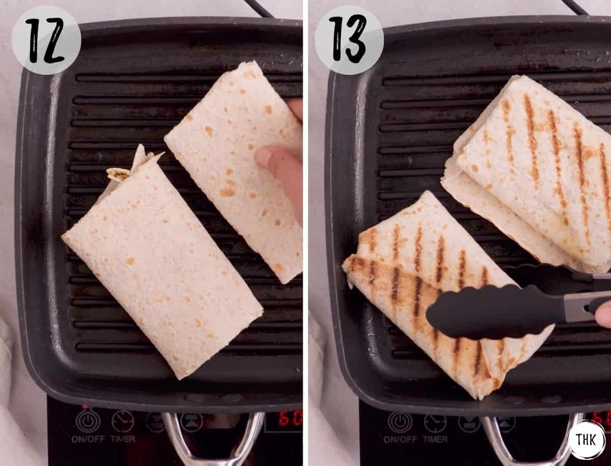 Wraps being grilled on cast iron pan.