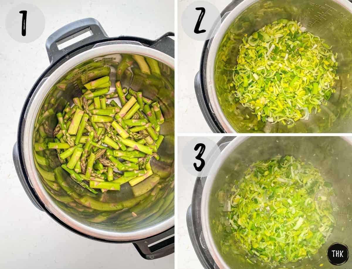 Asparagus and leeks being sautéed in Instant Pot.