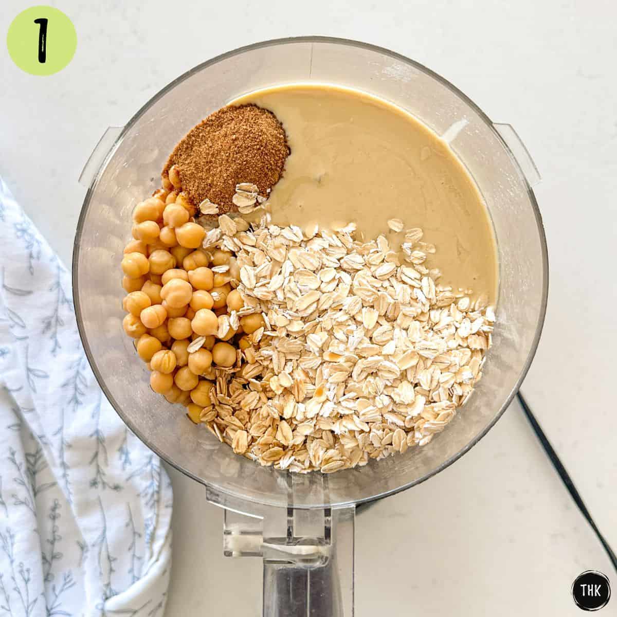 Tahini, bananas, chickpeas, oats, coconut sugar, vanilla inside food processor.