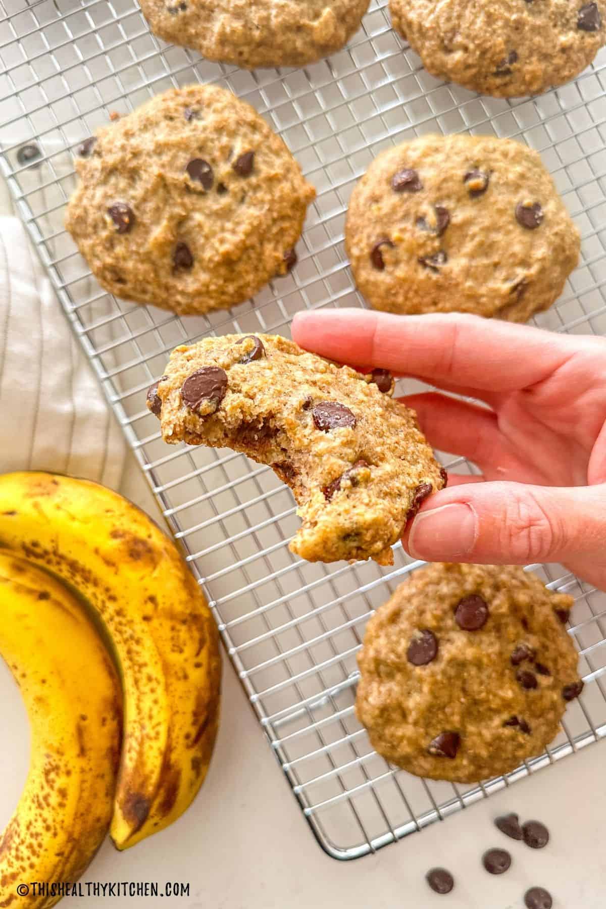 Hand holding up a chocolate chip cookie with bite taken from it.