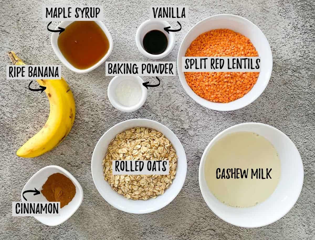 Ingredients to make banana lentil pancakes.
