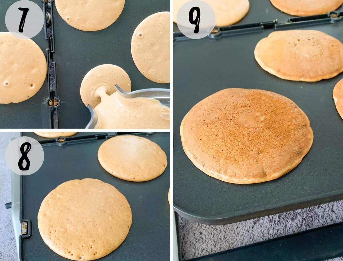 Collage of images showing pancakes being poured onto griddle and then cooked.