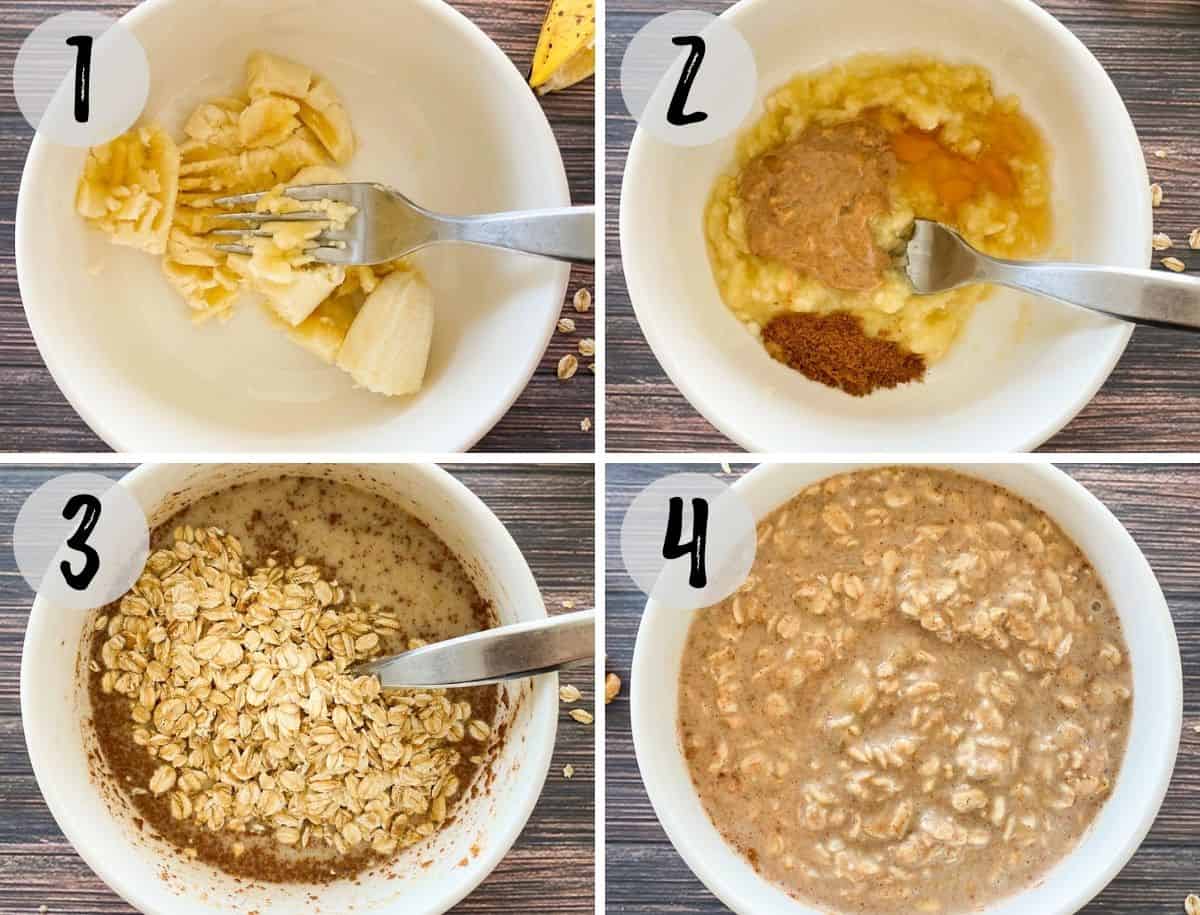 Collage of images with bowl of mashed banana, then adding oats and milk and mixing together.