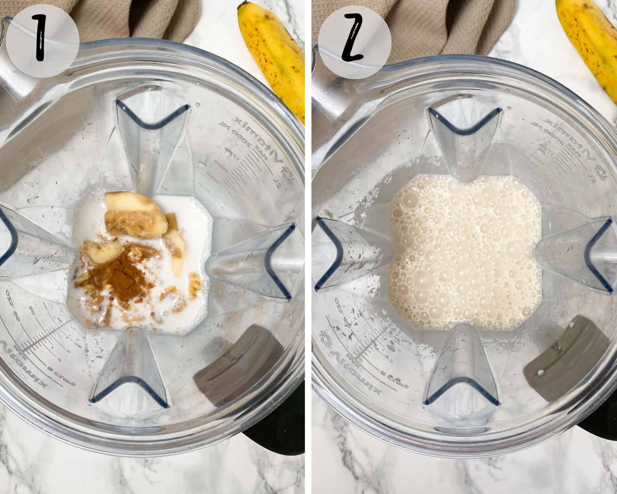 blender with milk, banana, walnuts and cinnamon to make smoothie