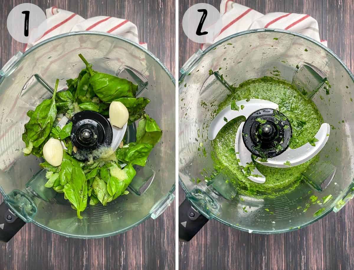 Food processor filled with basil, lemon juice, and garlic to make pesto sauce.