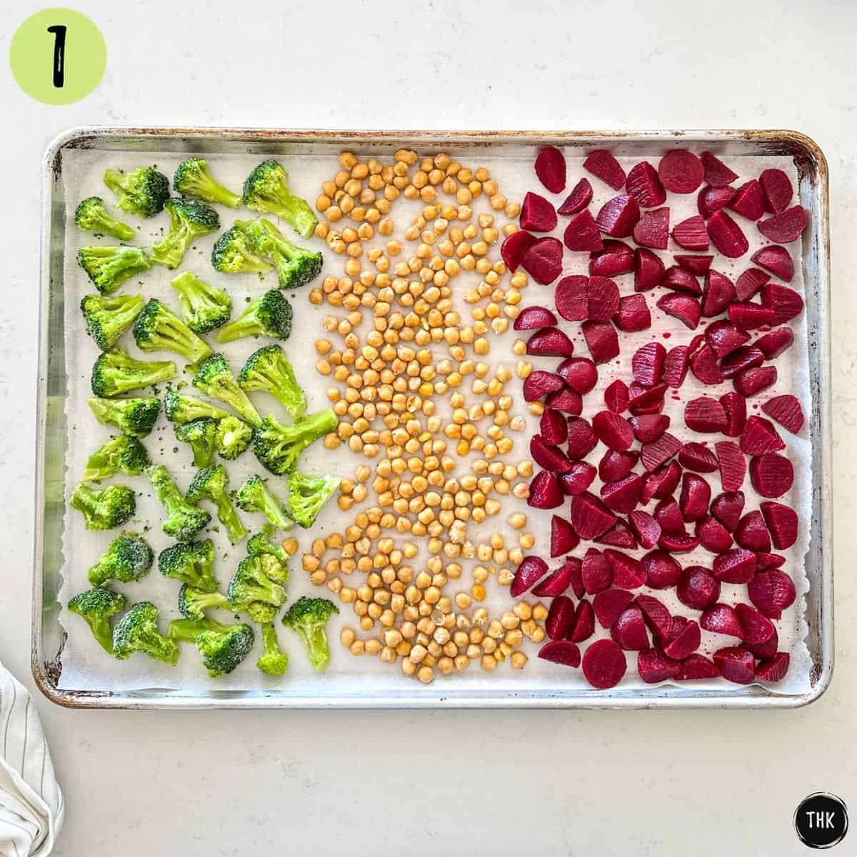 Baking pan with broccoli florets, chickpeas, and cubed beets.