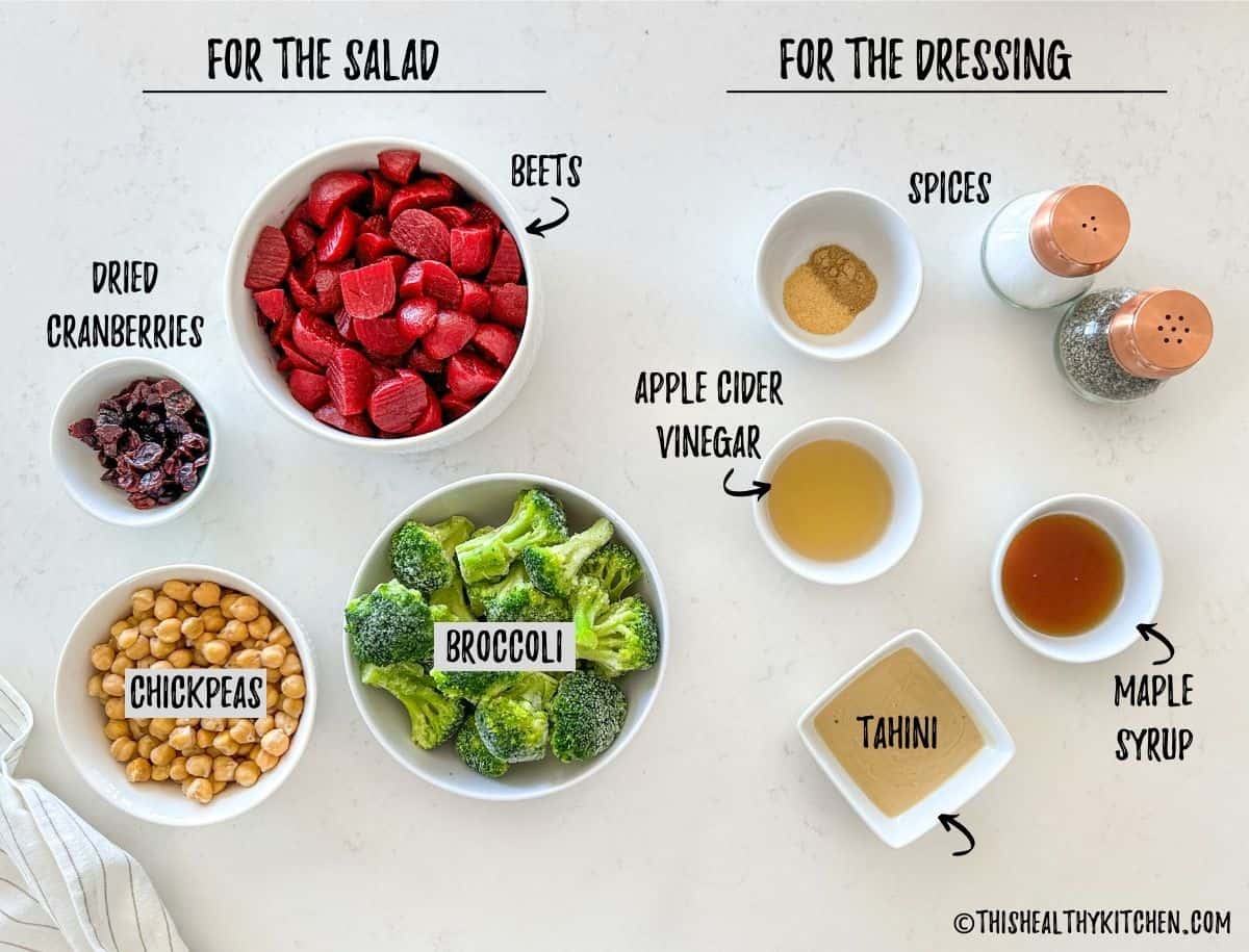 Ingredients needed to make beetroot and broccoli salad on kitchen countertop.