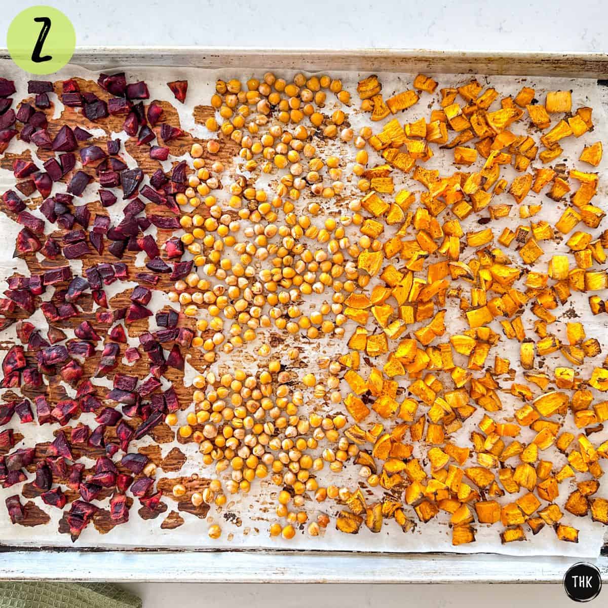 Roasted beets, chickpeas, and pumpkin on baking tray.